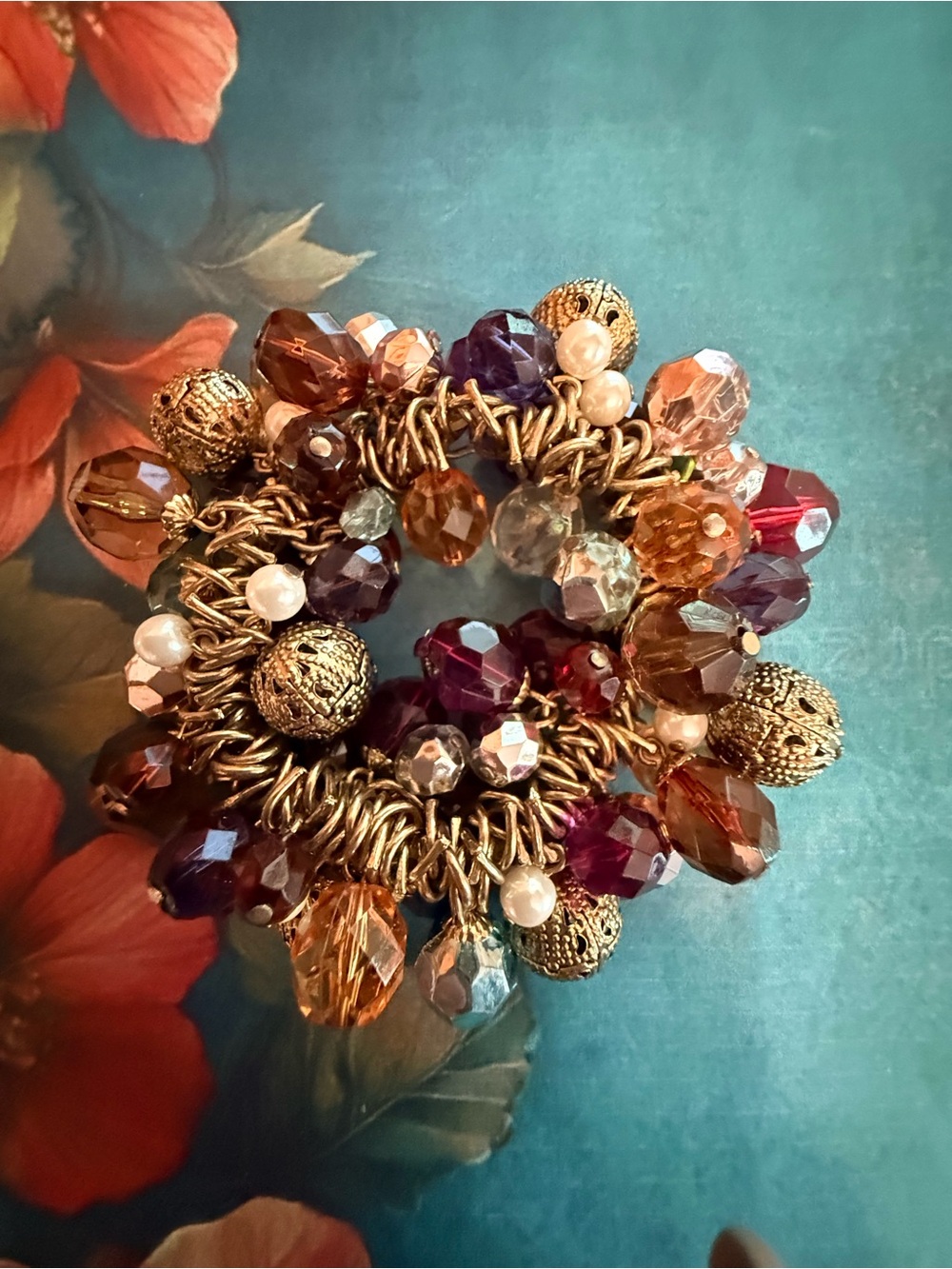 Multicolor Crystal and Gold Bead Statement Bracelet